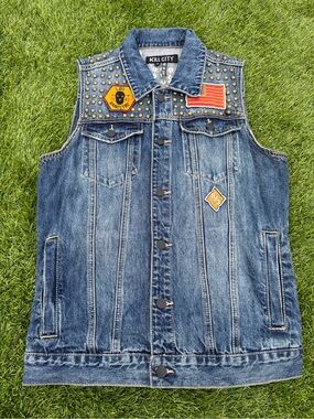 Kill City Blue Denim Studded Vest with patches and Punk Grimm Reaper Size M